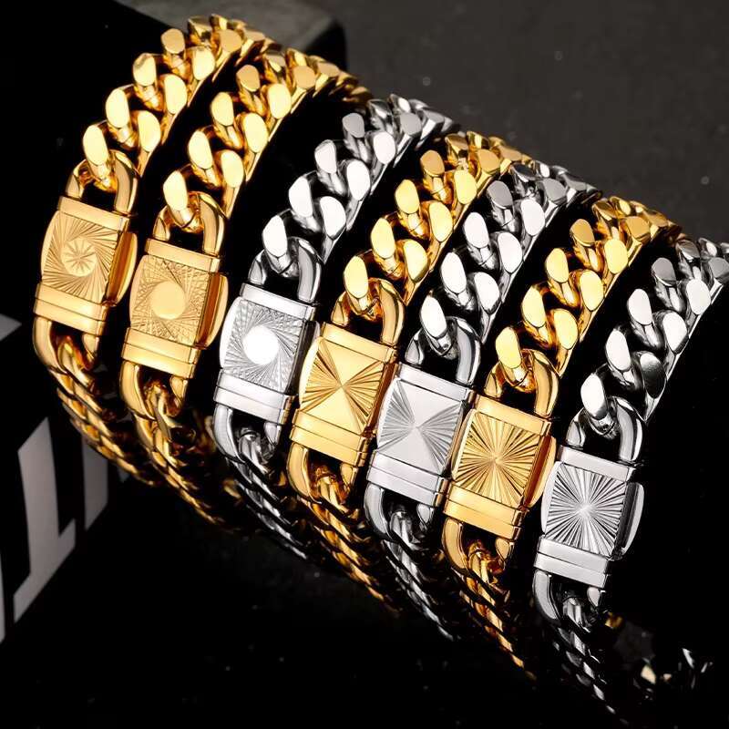 Hip Hop Jewelry Necklace Bracelet Set 18K Gold Miami Stainless Steel Cuban Link Chain