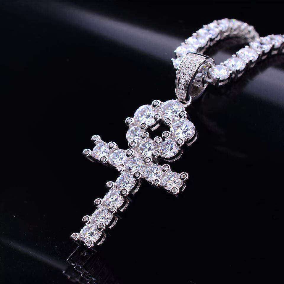 Hip Hop Gold 925 Sterling Silver Ankh Cross Pendant Necklace Bling Jewelry Moissanite Cz Diamond Men Silver Ankh Pendant