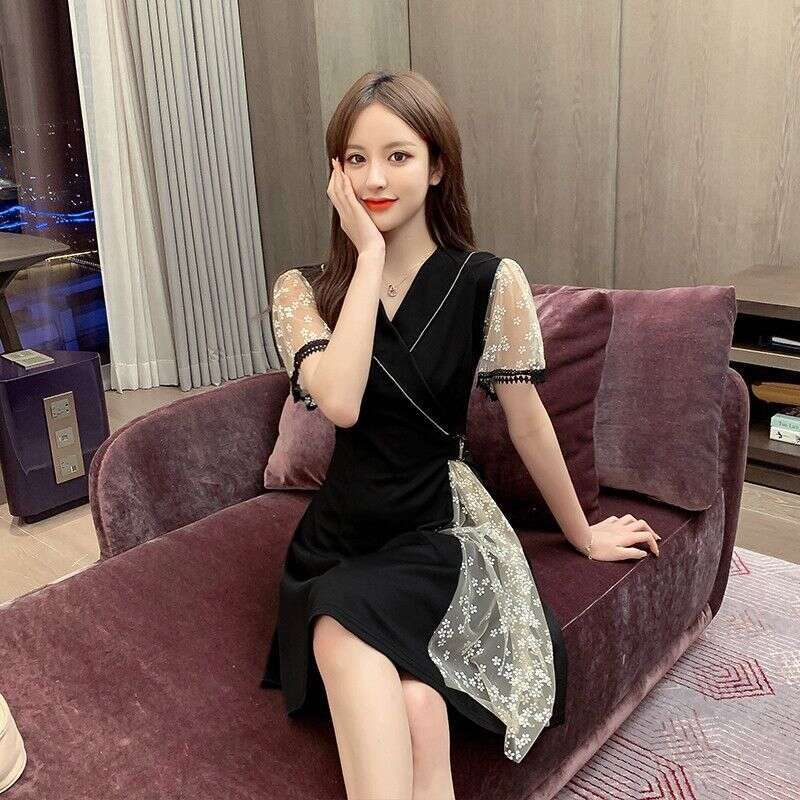 Plus Size Women's Fashion Design Sense Little Black Summer New Style Belly Covering Waist Slimming Age-Reducing Dress B5