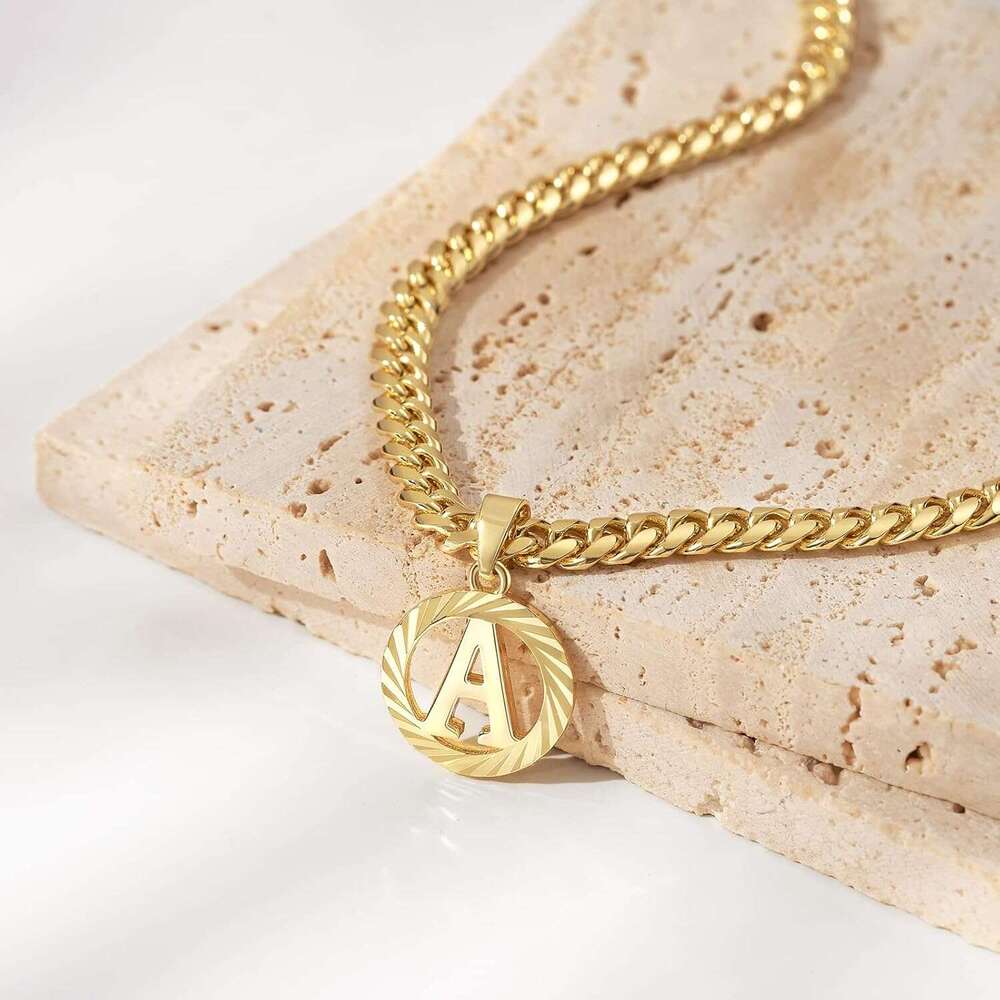 Designer Necklace 14K Gold Plated Round Letter Pendant Hollow Capital Monogram 5Mm Cuban Chain Necklace Alhpabets From A-Z Dainty Jewelry for Women Me