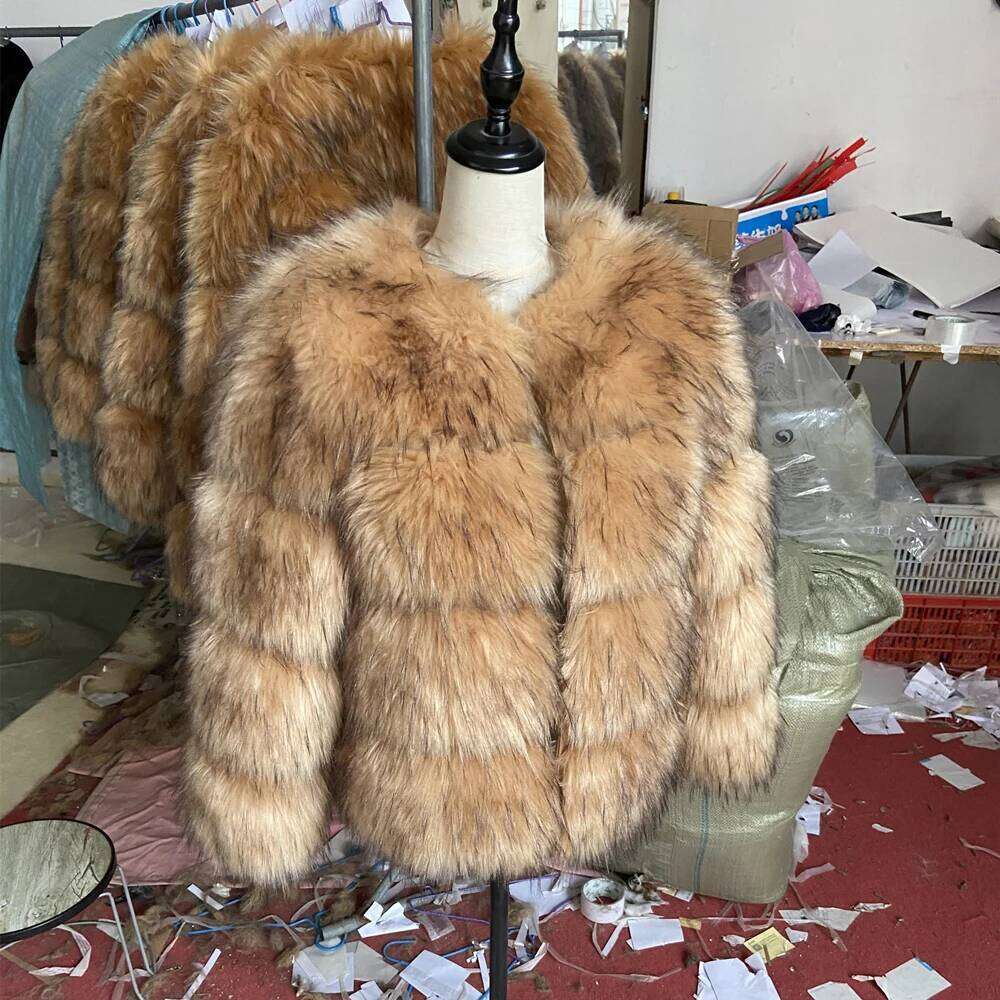 HOOOFUR Light Faux Women's Raccoon Jacket Winter Fashion Warm Thick Fox Leather Brown Especially Fake Fur Cold Coat