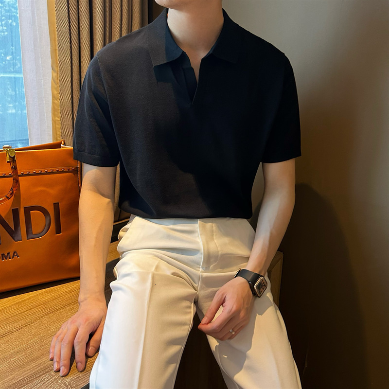 Summer Ice Silk Cooling Short Sleeve Polo Shirt For Men Solid Color Knitted Polo Shirt High Elasticity Simple Solid Color Polo 240617