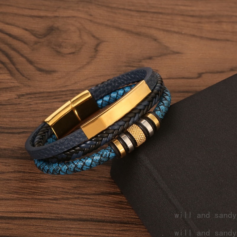 Stainless Steel Magnetic Buckle Bracelet Designer Jewelry 18k Gold Multilayer Braided Leather Stack Bracelets Bangle Cuff Wristband for Man Gift Fashi