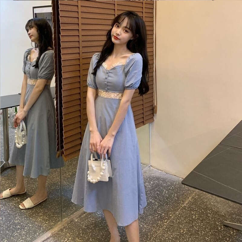 Tea Break French Square Neck For Women New Summer Wear Petite Elegant Waist-Cinching Slimming Long Dress B5