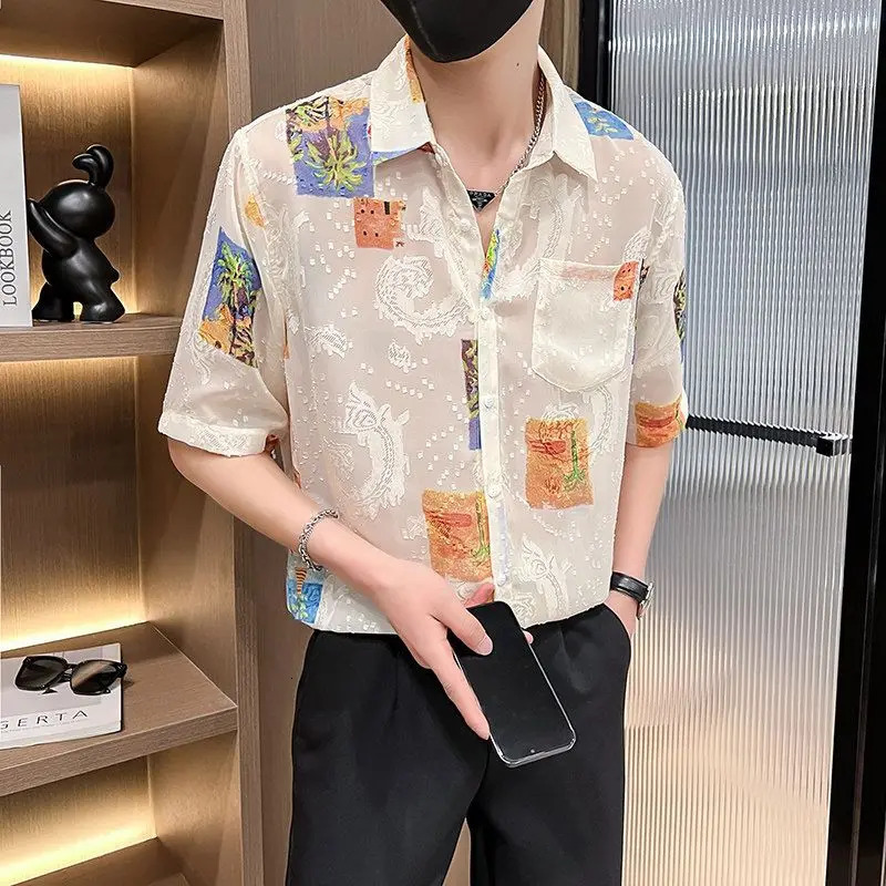 Hairdressers Five-point Sleeve Floral Shirt for Men Loose Jacquard and Breathable Ice Silk Top 250707