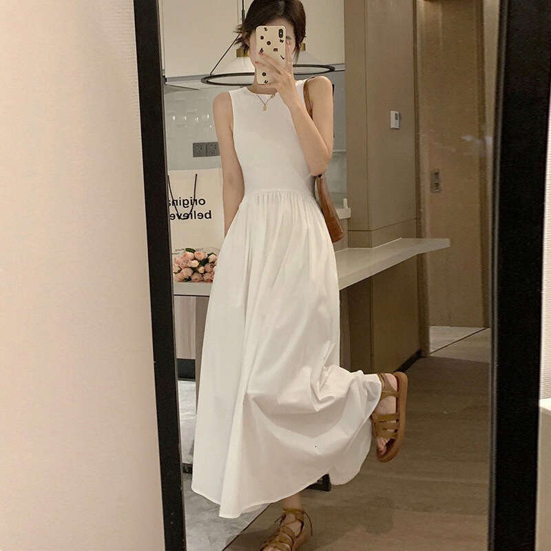 French Style White Sleeveless Summer Design Waist Slimming Elegant Tank Top Long Dress B5