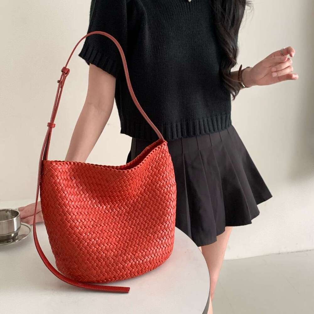 Leather Bag Bucket Bag Tote Bag New Summer Internet Celebrity Genuine Leather Woven French Style Single Shoulder Crossbody Women S Bucket B