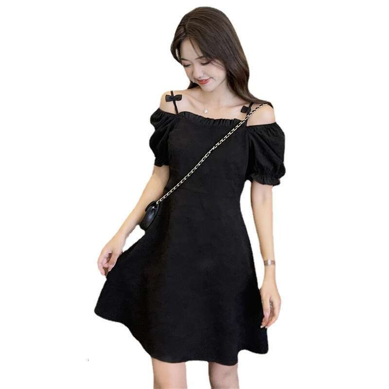 Plus Size Puff Sleeve Women's Fashion Summer New French Style Little Black Petite Short Dress B5
