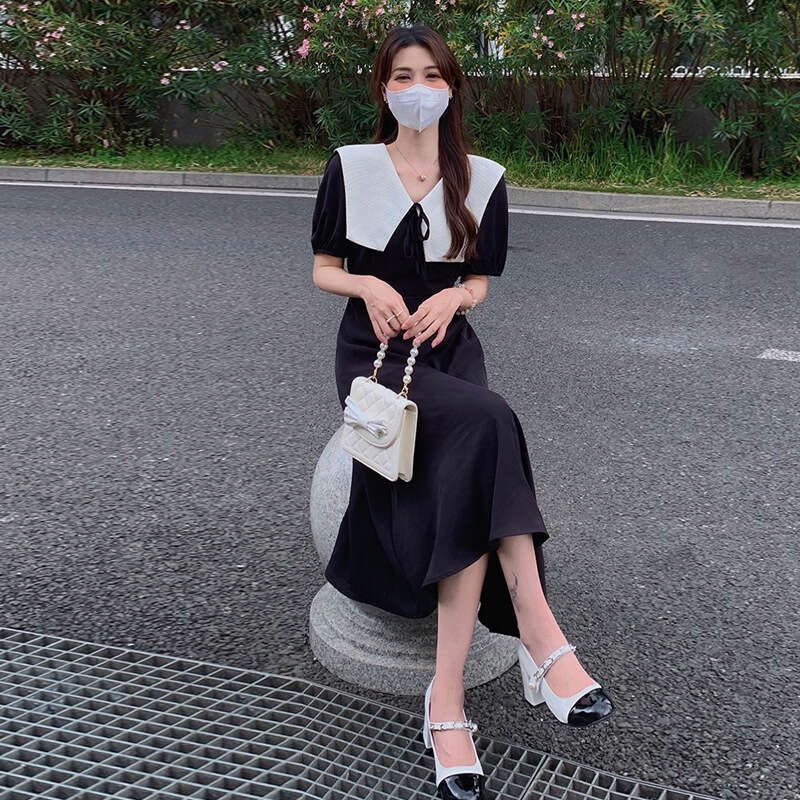 French Hepburn Style Petite For Women New Little Black Elegant Slimming A-Line Dress Summer B5