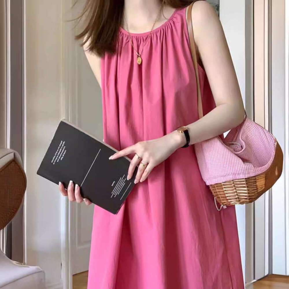 Beach Vacation French Style Sleeveless Strap Summer Women's Fashion New Pink Slimming Elegant Long Dress B5