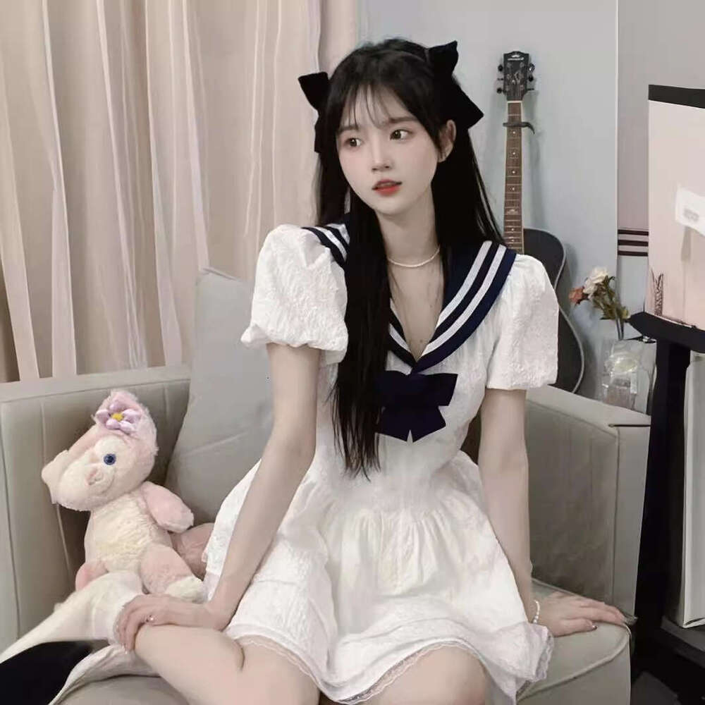 Navy Style Doll Waist-Cinching A-Line For Women Summer Hot Girl Princess Puffy Little White Dress B5