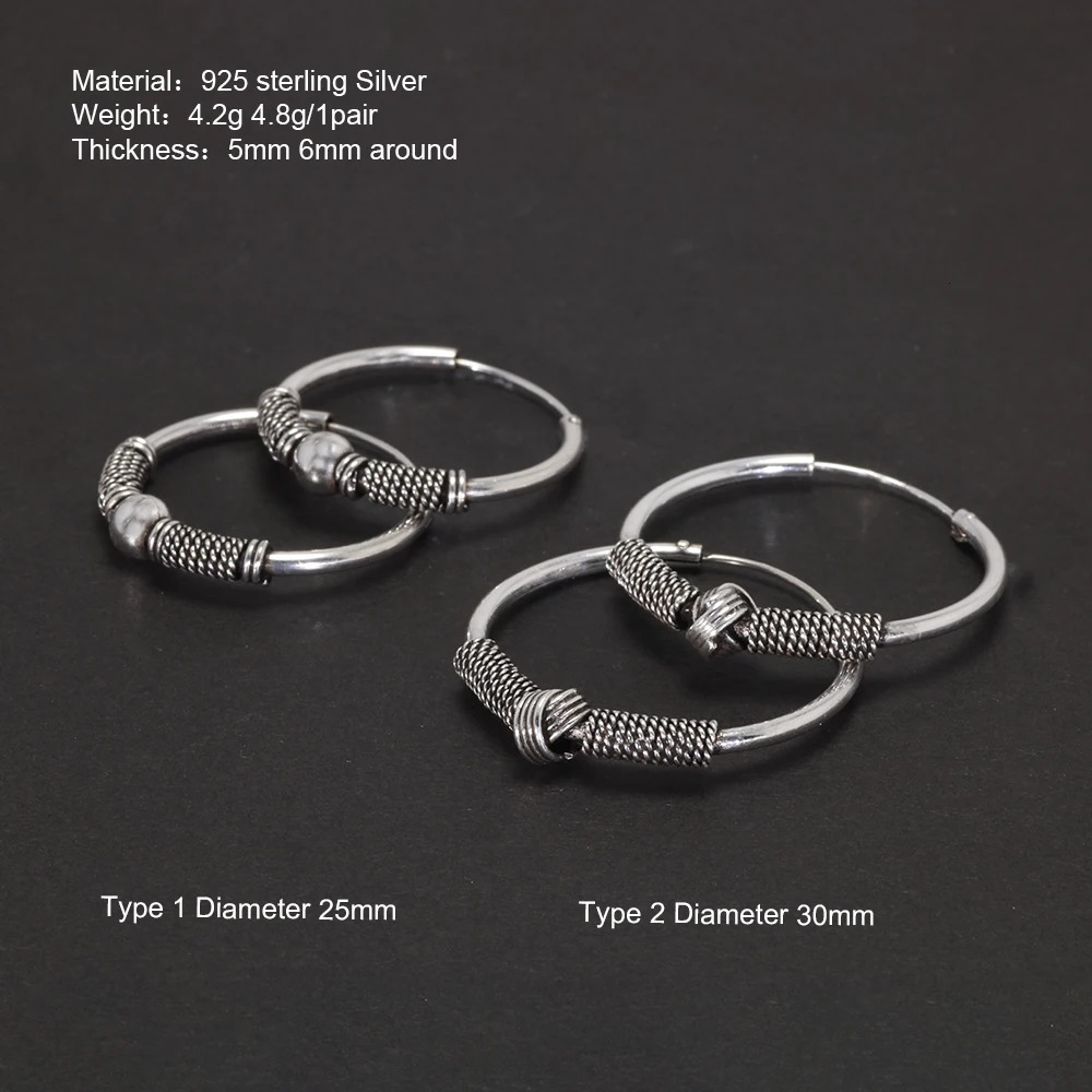 Real 925 Sterling Silver Hoop Earrings Antique Thai Silver Round Circle Hip Hop Punk Gothic Jewelry Party Gift 250708