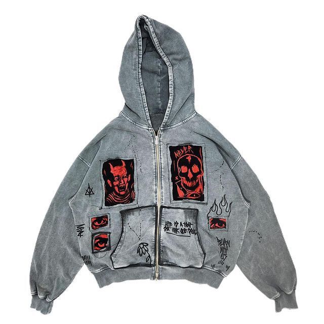 American Street Style Y2K Unisex Demone Lavata Spaccata Vintage Felpa Con Cappu…