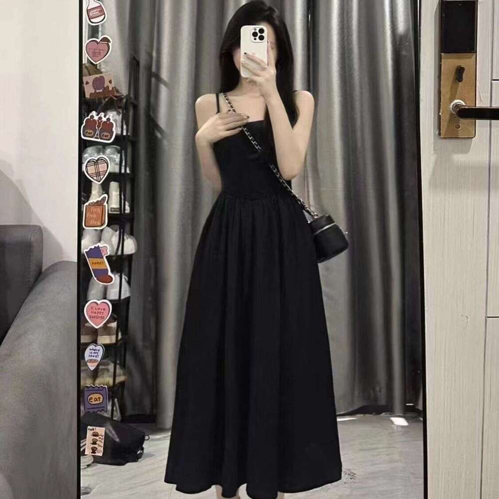 French Pure Desire Hepburn Style Black Strap For Women Summer Design Sense Niche Casual Waist-Cinching Long Dress B5