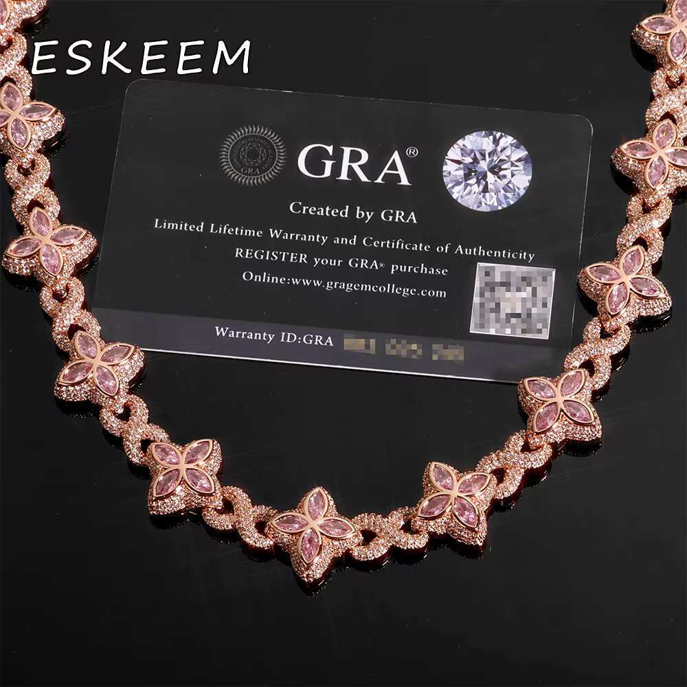 Luxury 925 Silver Chain Colored Moissanite Iced Out Cuban Link Necklace Four Leaf Clover Design Hip Hop Jewelry for Women