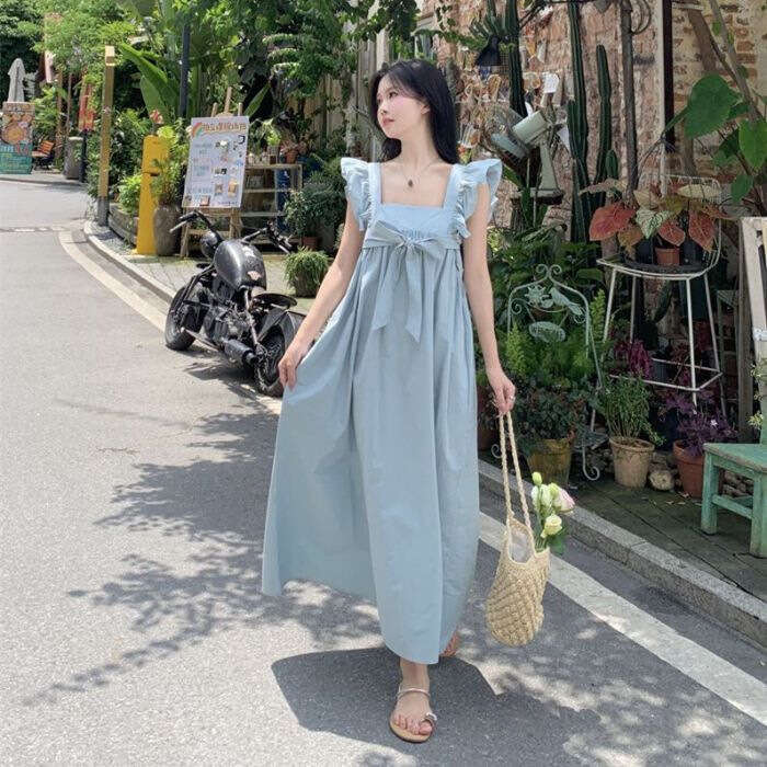 Gentle Style Lace-Up Bowknot For Women Summer Sweet Small Flutter Sleeves Elegant Waist-Cinching Slimming A-Line Long Dress B5