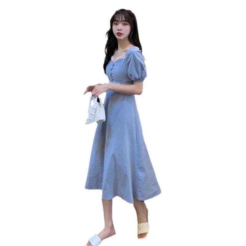 Tea Break French Square Neck For Women New Summer Wear Petite Elegant Waist-Cinching Slimming Long Dress B5