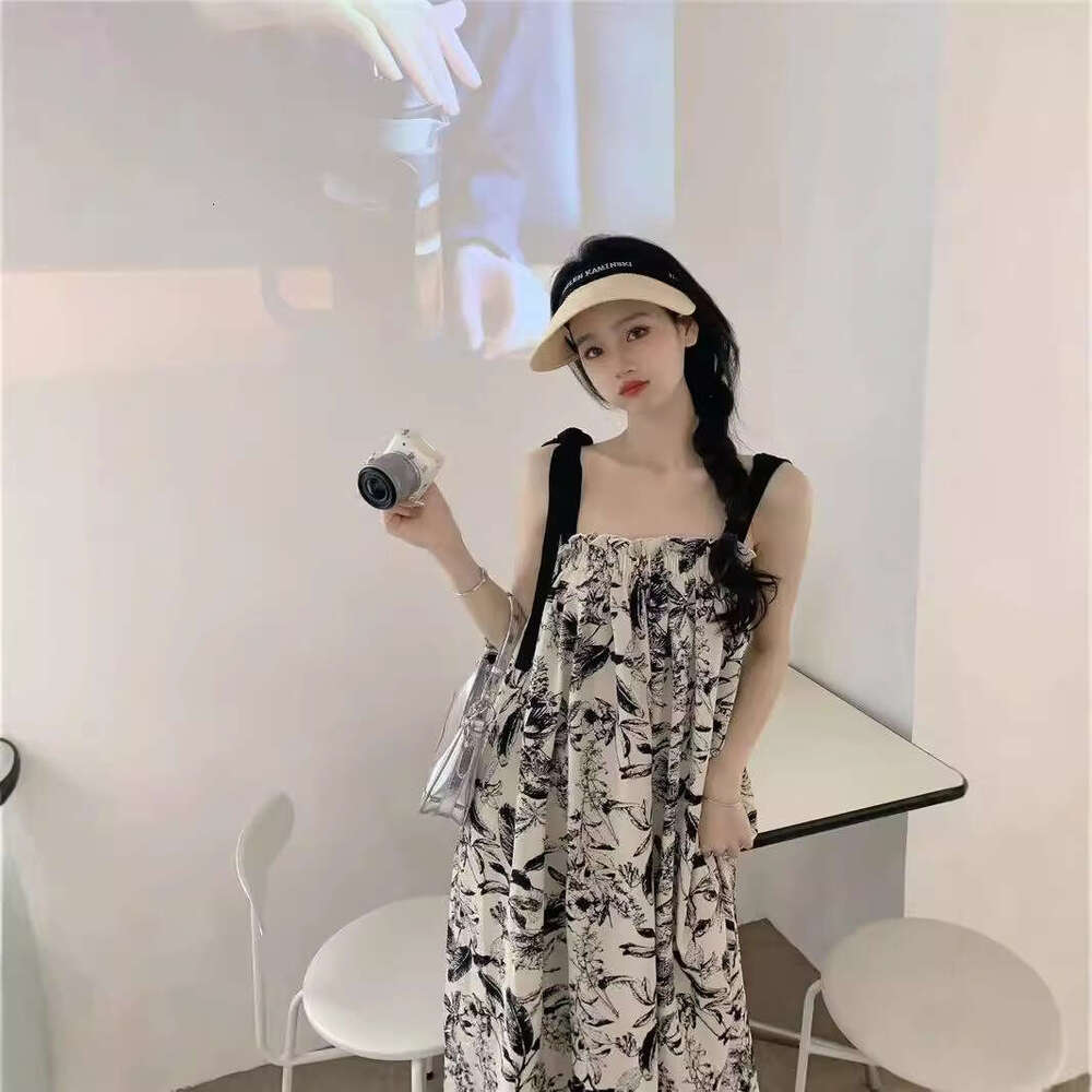 Beach Vacation Floral Strap Long Small Size Summer Korean Style Casual Loose Slimming Tube Dress B5