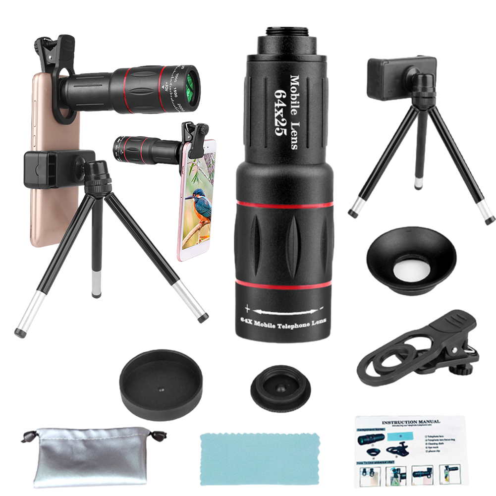 18X/36X/64X Telescope Zoom Lens Universal Monocular Mobile Phone Camera Lenses for iPhone Samsung Smartphones with Tripod Clip