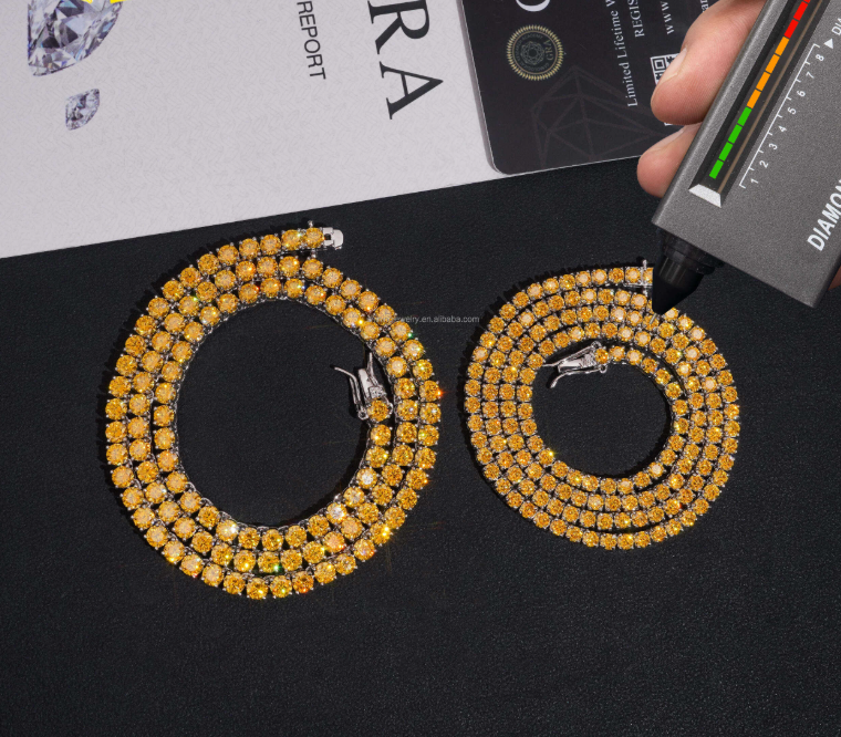 Hip Hop Jewelry New Style 925 Silver 3mm 4mm Yellow Gold Color Tennis Moissanite Chain High Quality Custom Necklace for Men