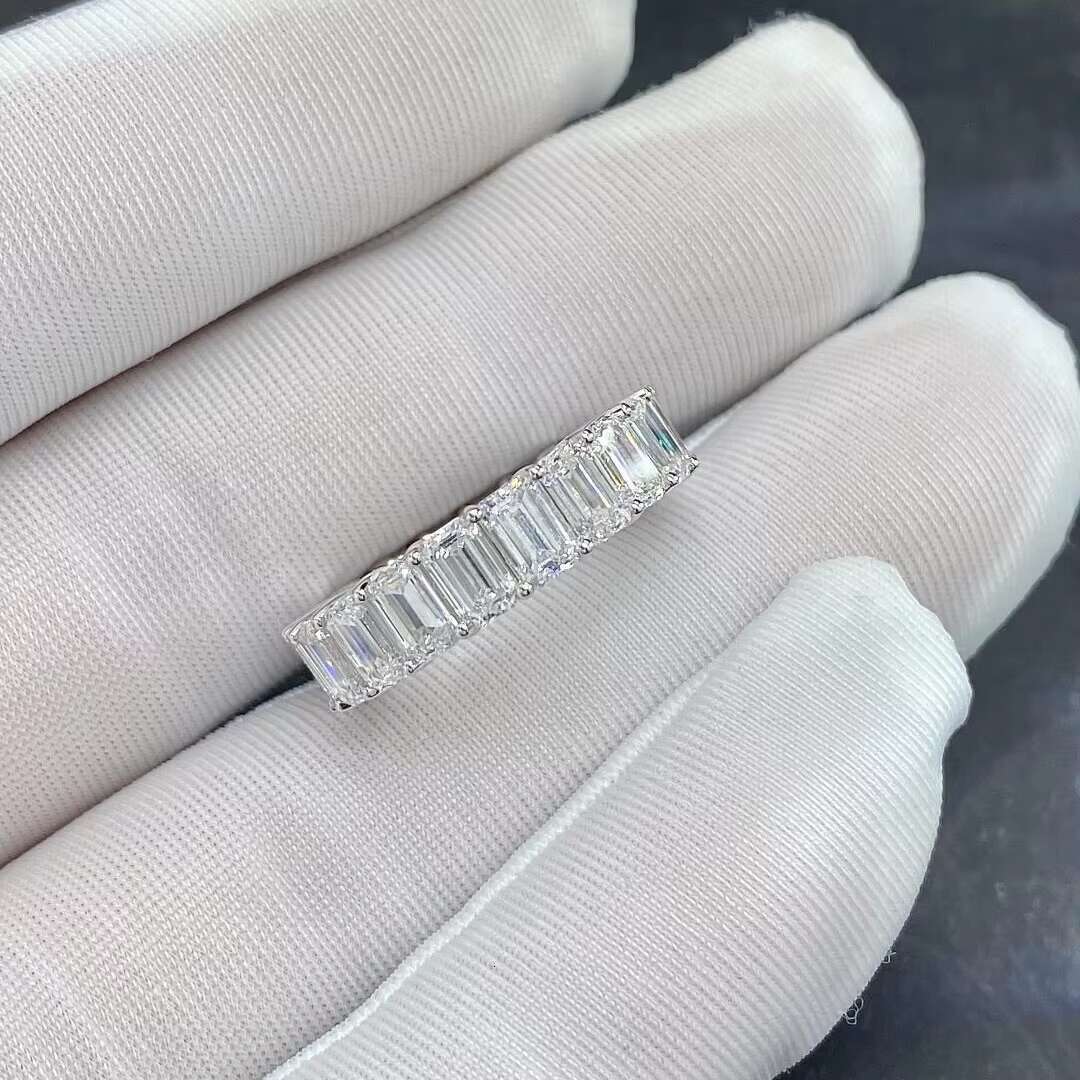 14K White Gold VVS1 DEF Color Emerald Cut Lab Grown Diamond Eternity Ring Band