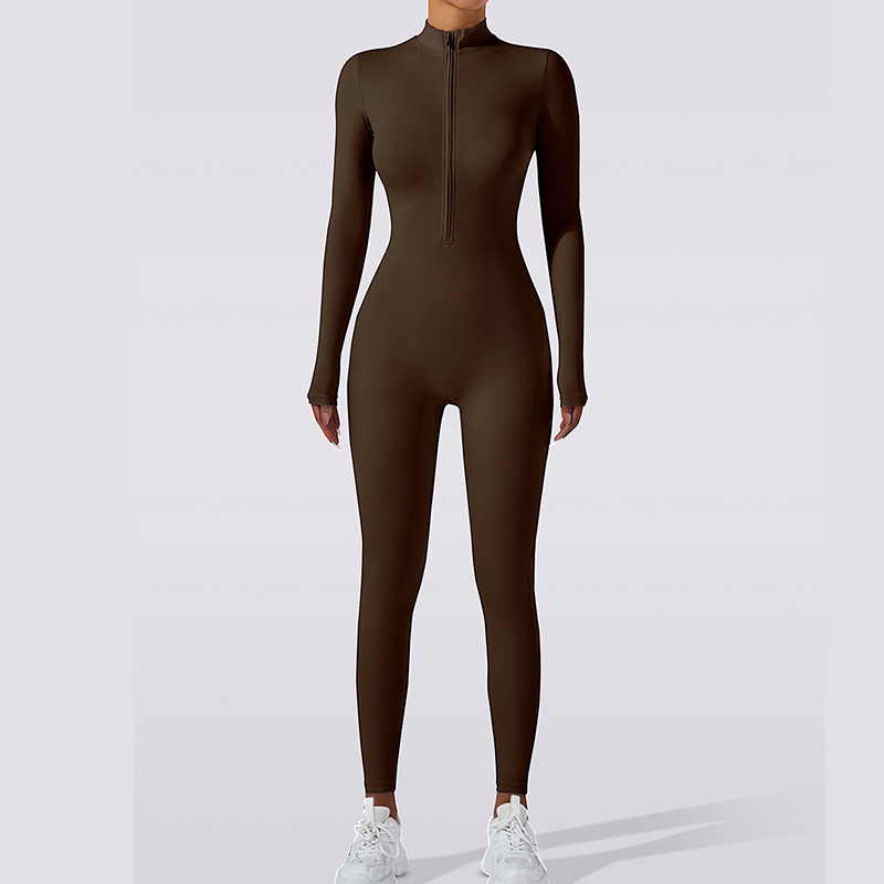 European and American Nude-Feel Zip-Up Long-Sleeve Yoga Bodysuit | High-Impact Workout One-Piece Fitted Yoga Outfit