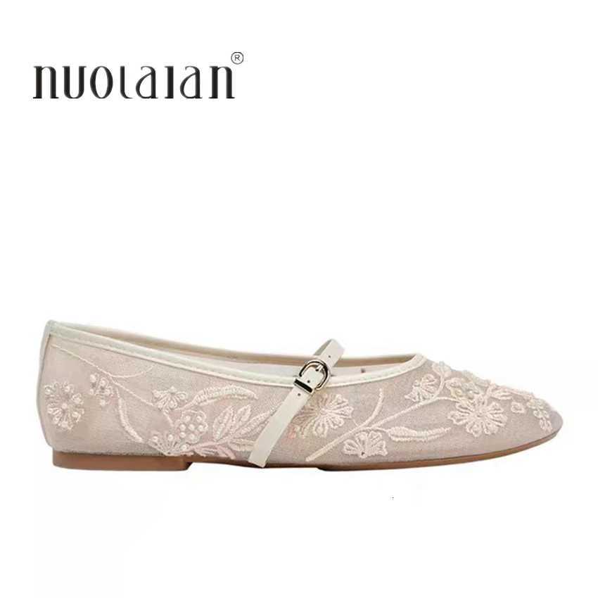 Mesh Embroidery String Bead Design Women Ballet Flats Fi Buckle Breathable Mary Jane Shoe Comfort Low Heel Soft Flat SandalXJ250712