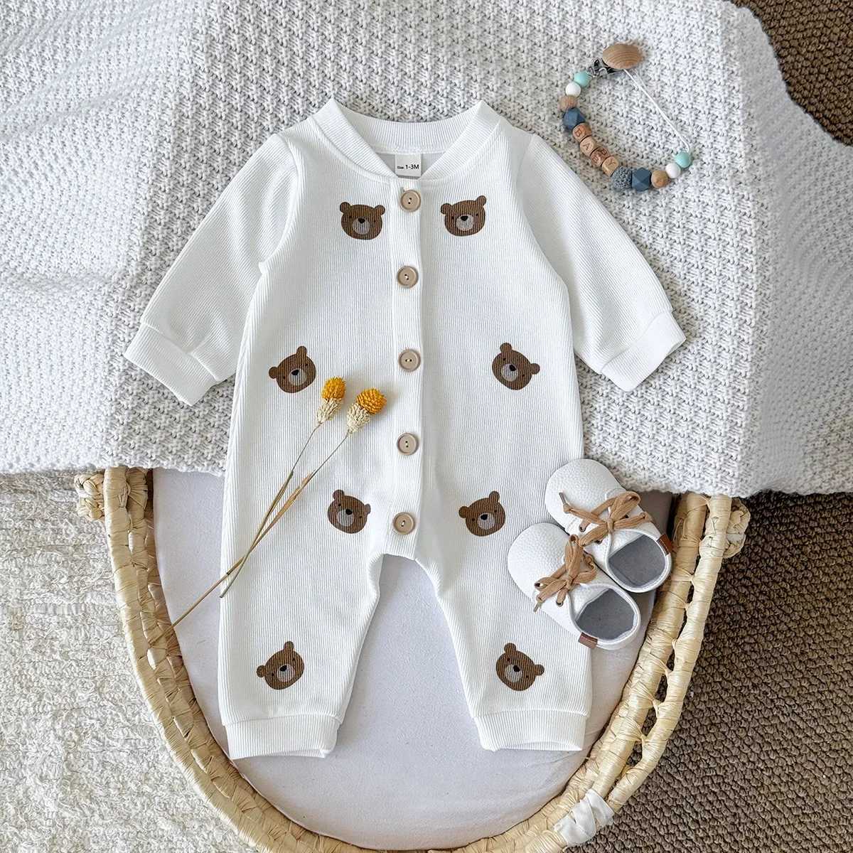 Baby Fashion Children Waffle Knit Baby Boys Romper Bear Print Snap Front Onesie 0-2Y Newborn Baby Girls Daily Outfit XJ250712