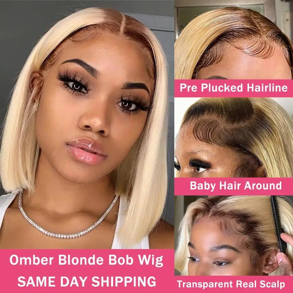 Ombre Blonde Wig Straight Short Bob HD Lace Frontal Wig 13x4 Transparent Lace Front Wig Closure Wig For Women Synthetic Wig