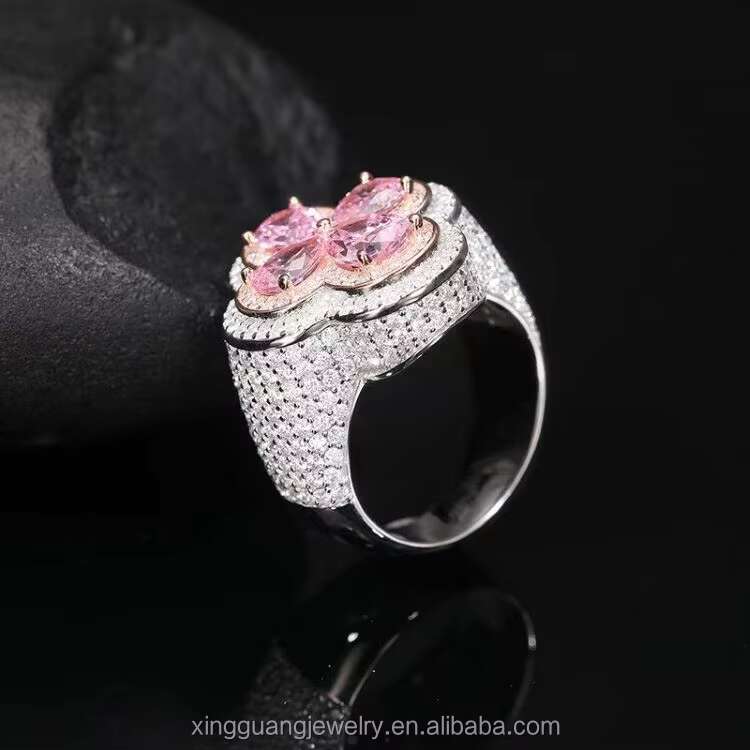 Popular Style VVS Moissanite Clover Ring S925 Silver Ring for Men Women Colorful Blue Pink Green Moissanite Cuban Ring