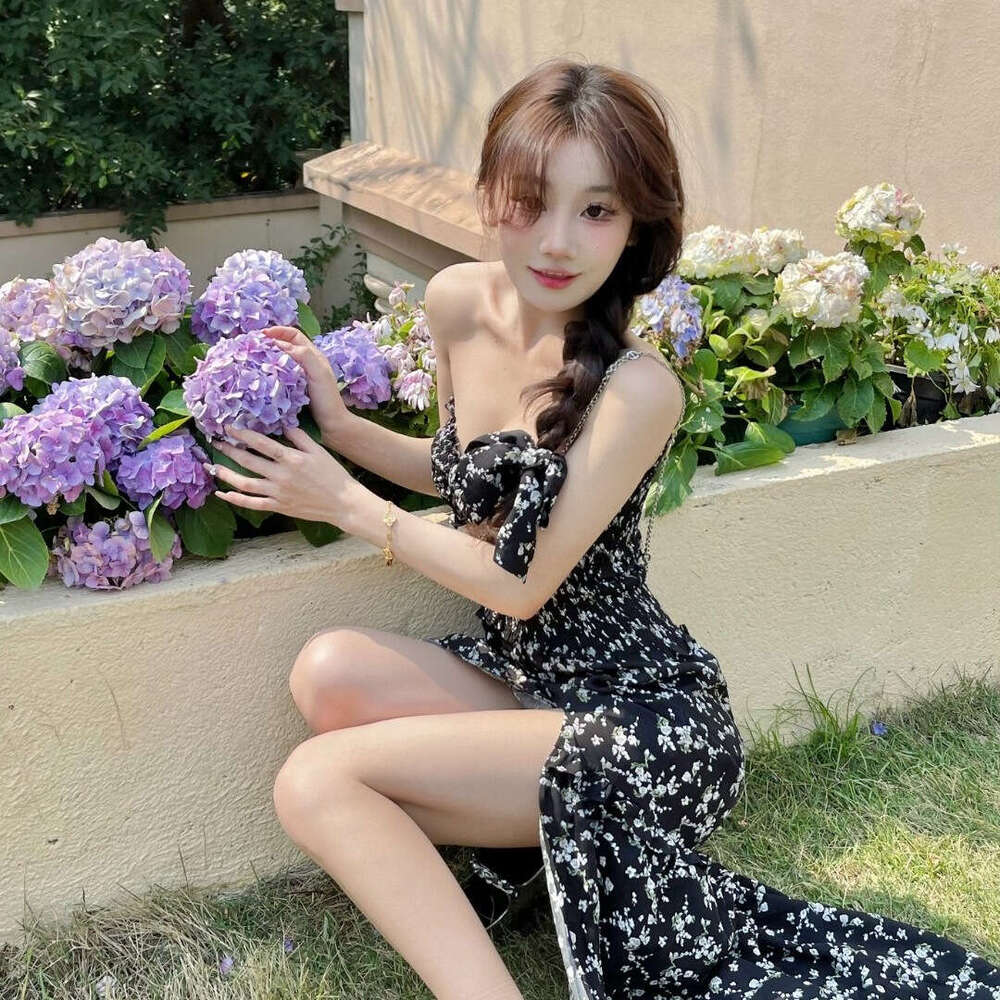 Black Sweet And Spicy Floral For Women Summer New French Style Tea Break Strapless Slit Long Dress B5