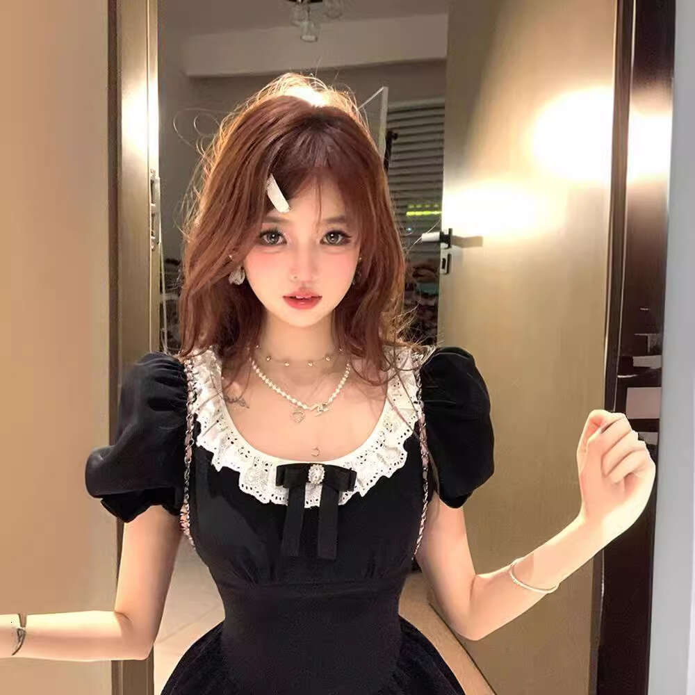 French Style Black Sleeve For Women Summer High-End Elegant Princess Puff Waist-Cinching Petite Short Dress B5