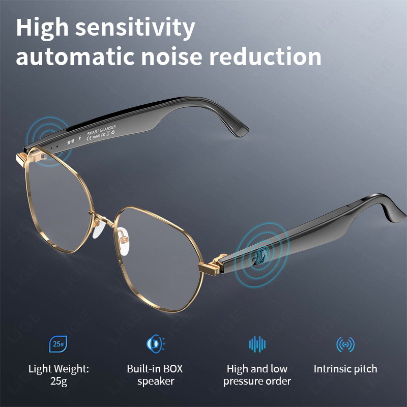 LIGE Smart glasses, ear-opening sound microphone and speaker, magnetic charging, color-changing polarized sunglasses lenses AI Smart Translation Glass