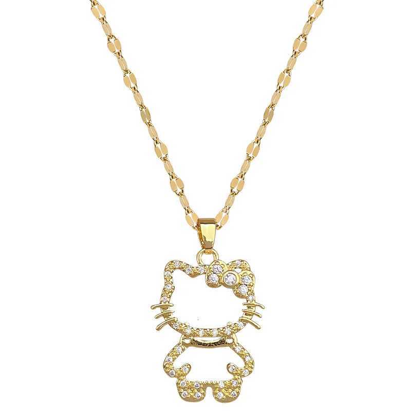 Sanrio Stainless Steel Hello Kitty Crystal Pendant Necklace for Women Hollow Choker Clavicle Chain Charm Necklace Jewelry Accessories w250716