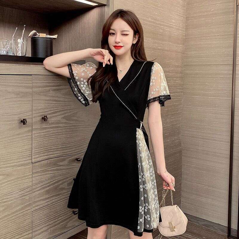 Plus Size Women's Fashion Design Sense Little Black Summer New Style Belly Covering Waist Slimming Age-Reducing Dress B5