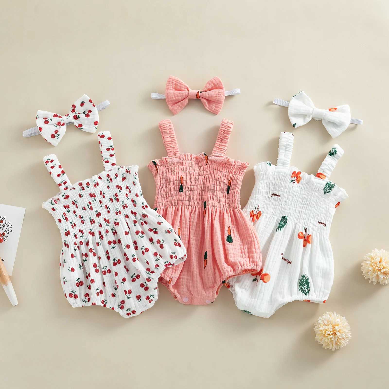 pudcoco Infant Newborn Baby Girl 2Pcs Summer Outfits Sleeveless Cherry/Carrot/Tree Print Romper with Headband 0-18M XJ250712