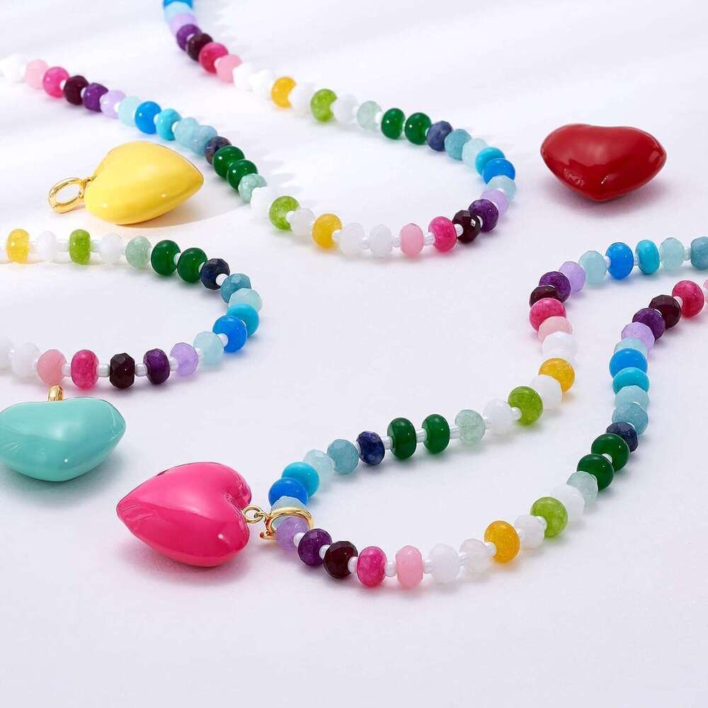 Beaded Necklace for Women Colorful Boho Bead Choker With Bubble Puffy Heart Pendant Natural Stone Rainbow Necklaces Summer Surfer Beach Handmade Jewel