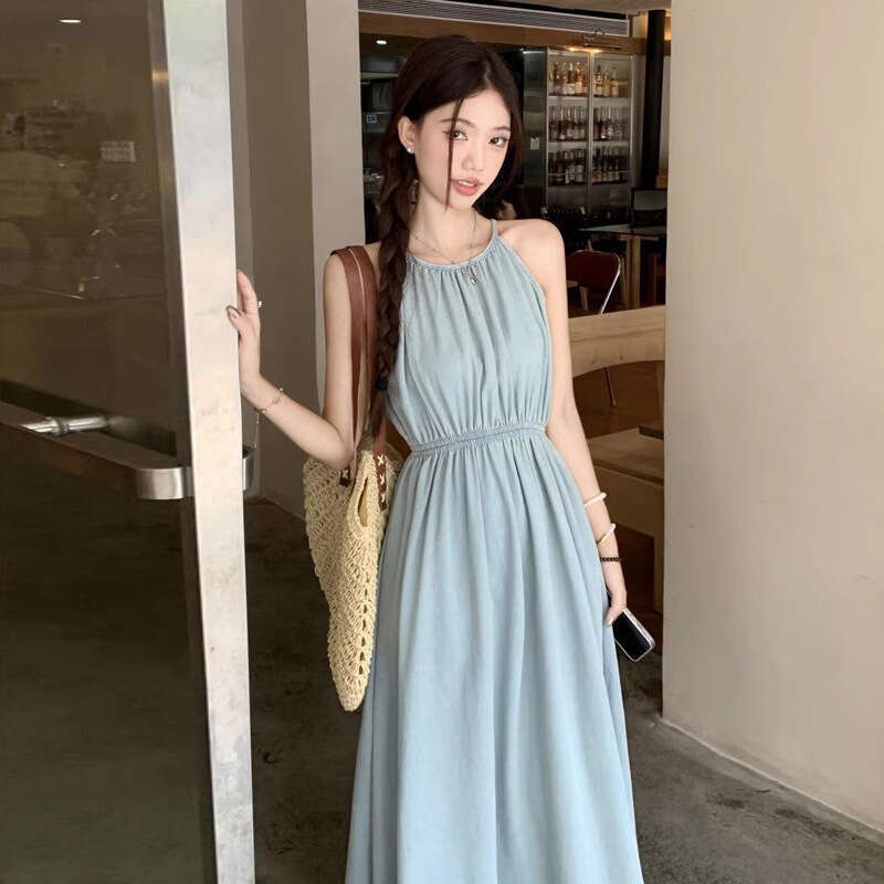 Blue Off-Shoulder Vacation Style New Design Waist-Cinching Slimming Sleeveless Halter Neck Long Dress For Women Summer B5