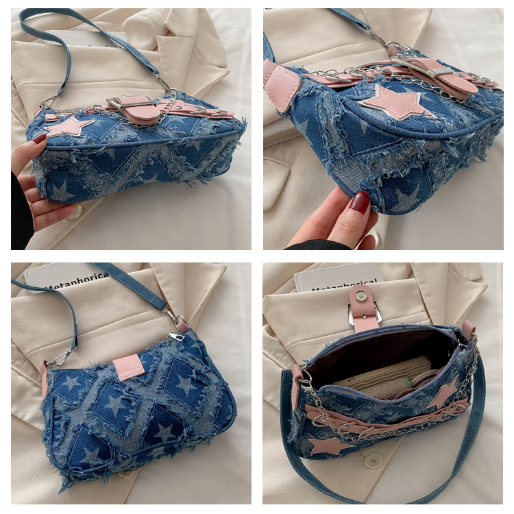 Fashion Cool Girls Denim Shoulder Crossbody Bags Vintage Chain Women's Underarm Bag Y2k Star Portable Female Hobos Handbags