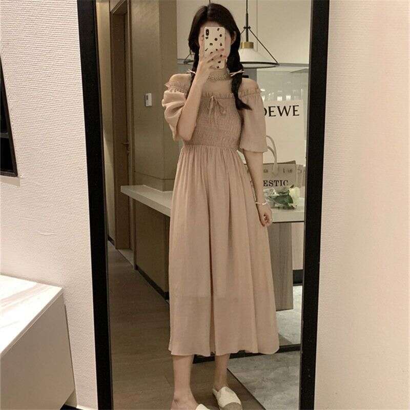 Summer New French Sweet Square Neck Puff Sleeve For Petite Women Slim Waist Fairy Long Dress B5