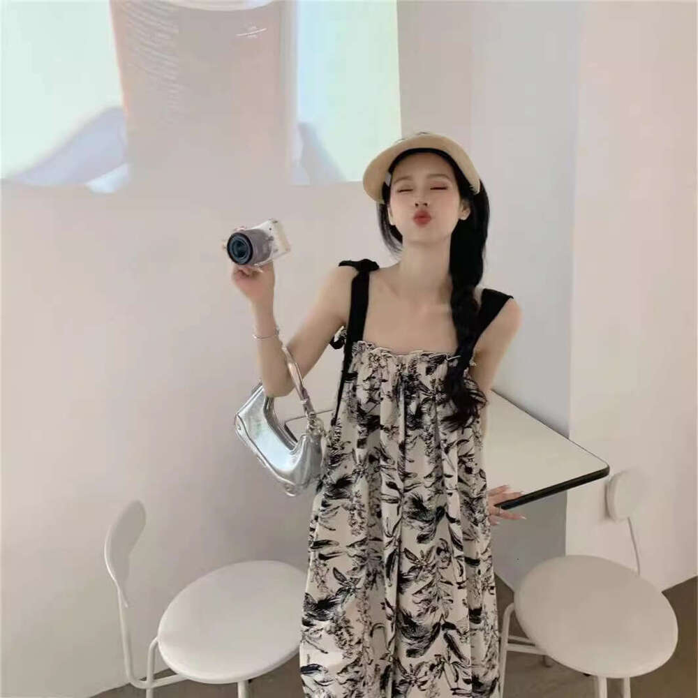 Beach Vacation Floral Strap Long Small Size Summer Korean Style Casual Loose Slimming Tube Dress B5