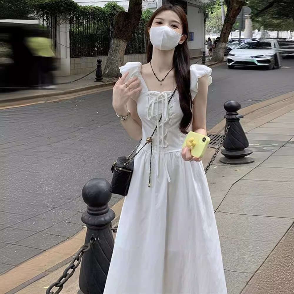 Tea Break French Style Square Neck Tie Small Flutter Sleeve White For Women Summer Design Sense Waist Slimming Sleeveless Long Dress B5