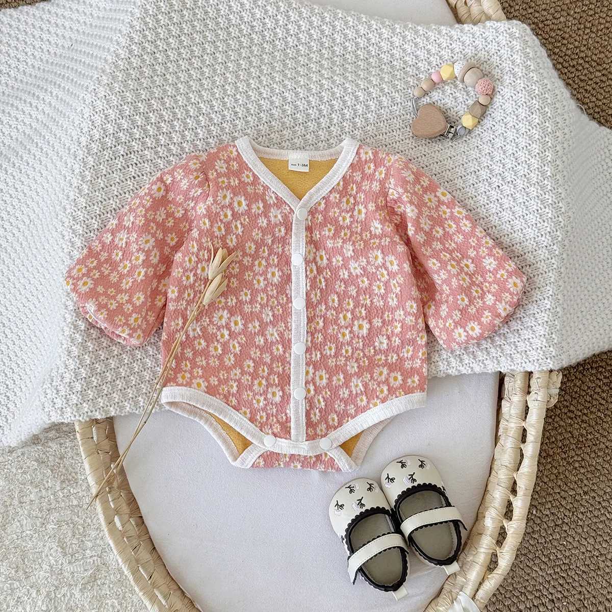 Baby Girl Clothing Floral Print Romper V Neck Contrast Trim Cotton Onesie Bodysuit 0-2Y Newborn Infant Baby Girls Clothes Outfit XJ250712