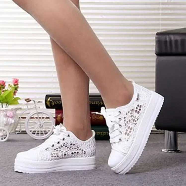 2024 Women Shoes Fi Summer Casual White Shoes Cutouts Lace Canvas Hollow Breathable Platform Flat Shoes Women Sneakers XJ250712