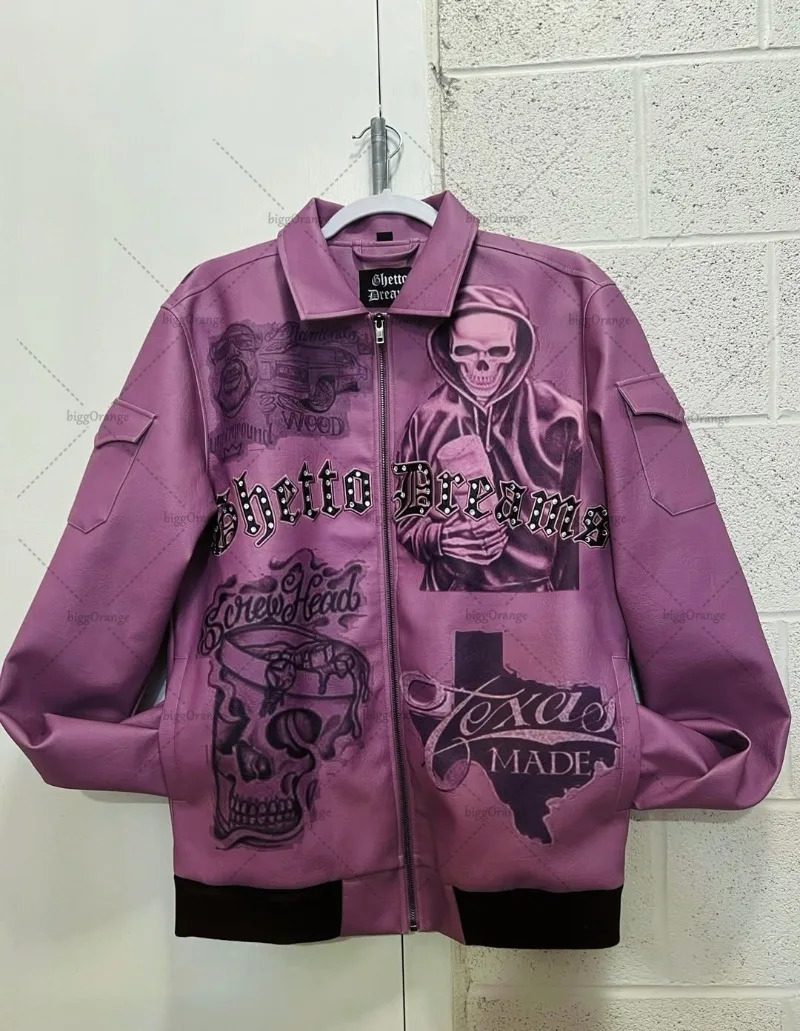 European and American Retro Jacket Demon Letter Purple Oversized Jacket Men Y2K Multi-pocket Splicing Zipper Jacket Men 250712