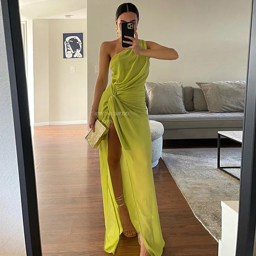 Simple Elegant Evening Dresses Customized Chiffon One-Shoulder High Slit Green Prom Gown Mono Floor-Length 2025