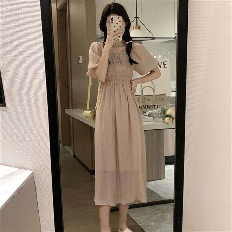 Summer New French Sweet Square Neck Puff Sleeve For Petite Women Slim Waist Fairy Long Dress B5