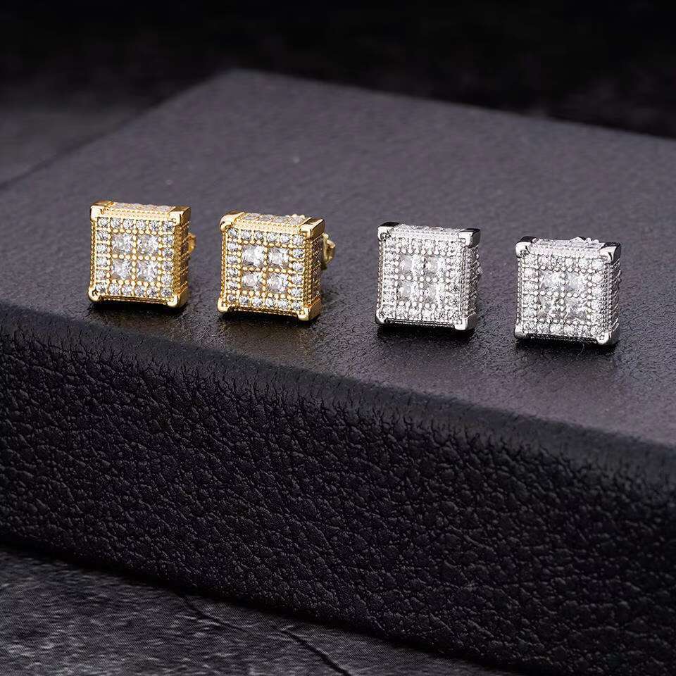 Hip Hop Jewelry White Gold Plated Iced Out VVS Moissanite Diamond 925 Sterling Silver Square Shape Stud Earring