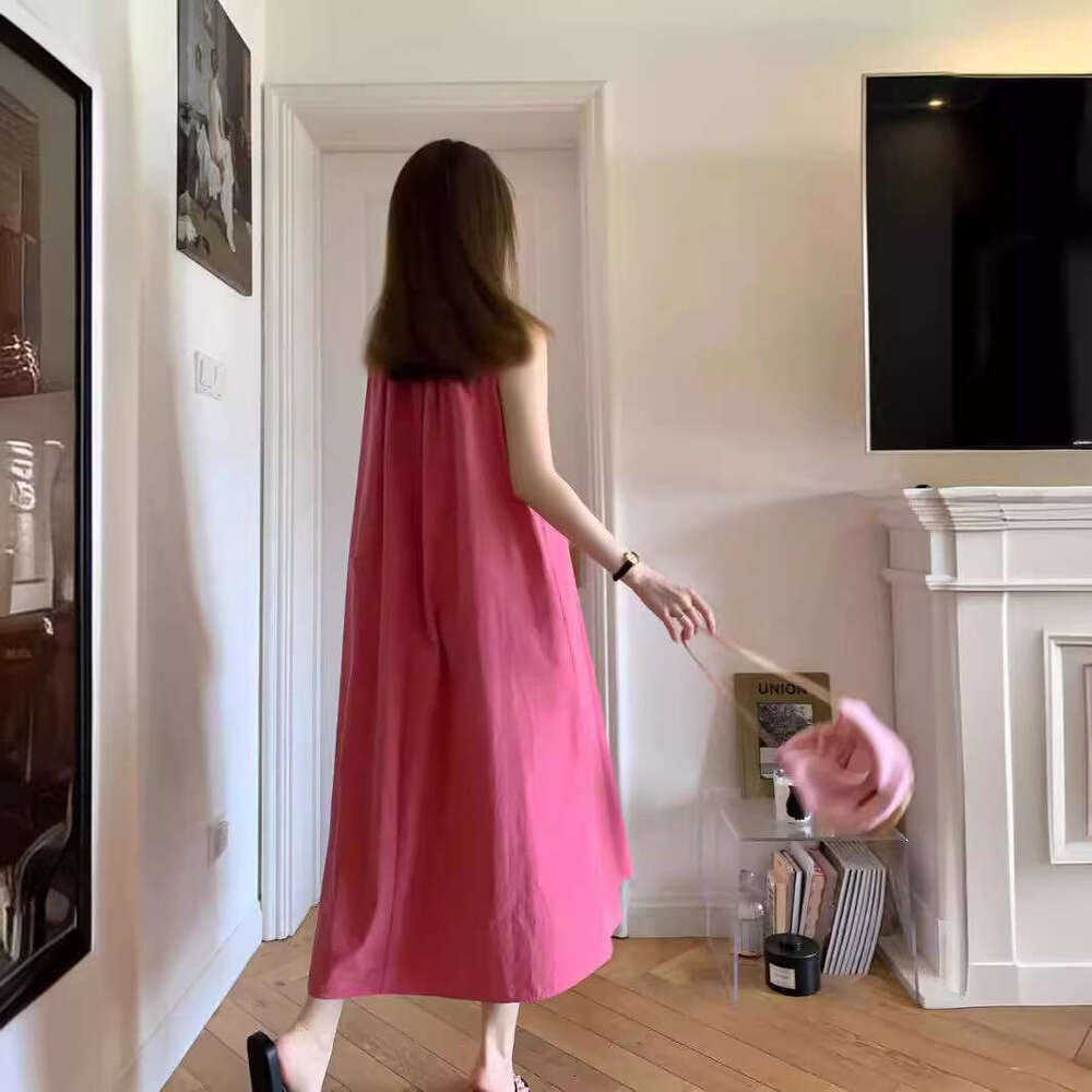 Beach Vacation French Style Sleeveless Strap Summer Women's Fashion New Pink Slimming Elegant Long Dress B5