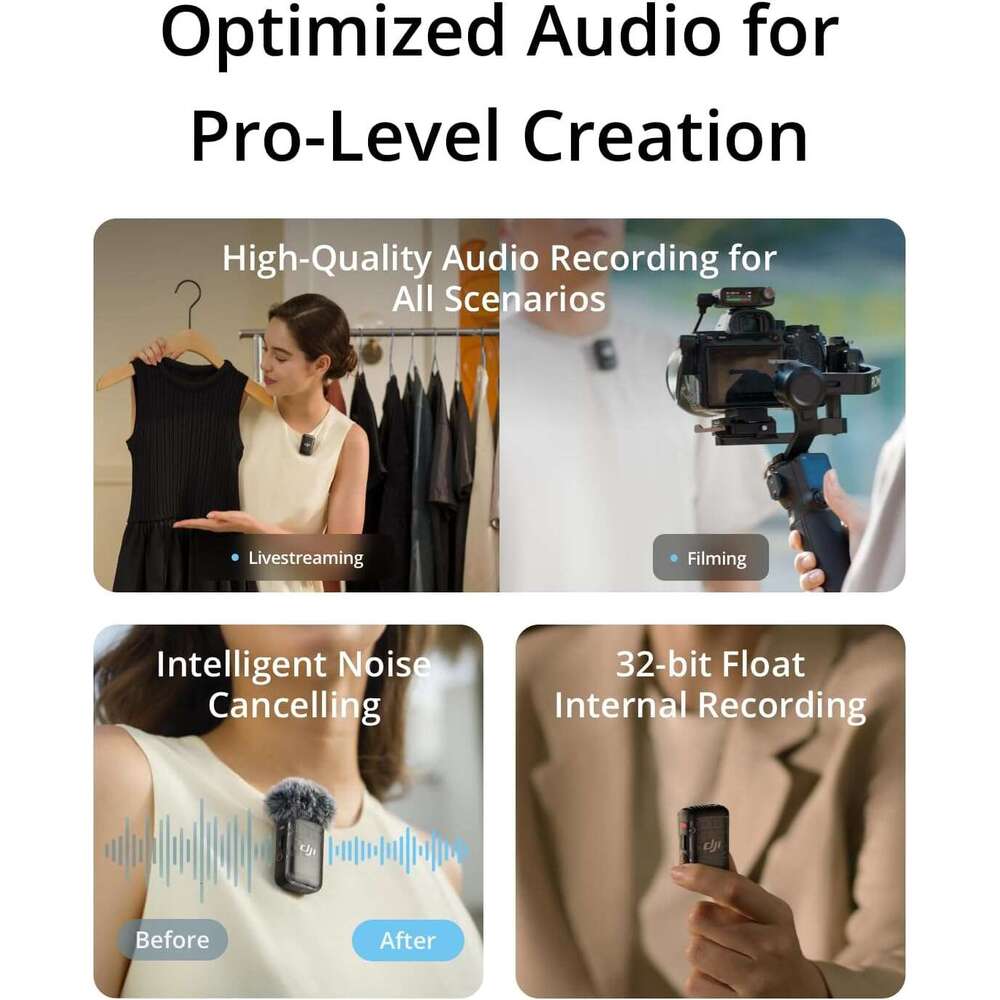 DJI Mic 2 (2 TX 1 RX + Charging Case), Wireless Lavalier Microphone, Intelligent Noise Reduction, 32-bit Floating Internal Recording, 86 Feet (250m ) 